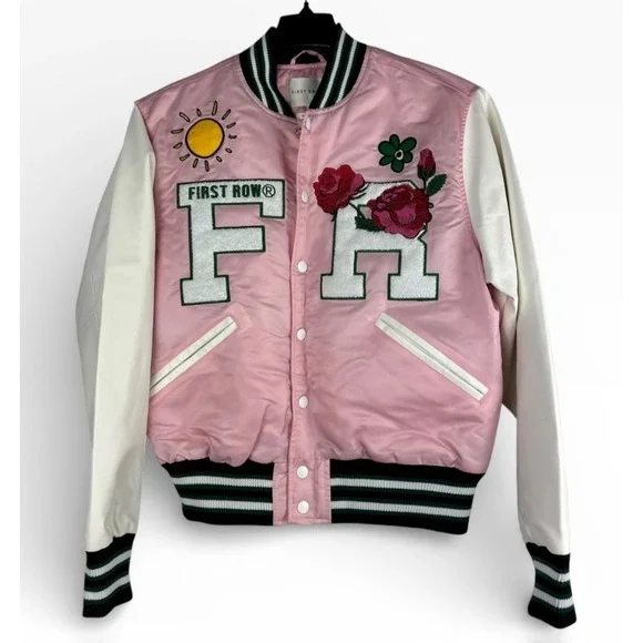 First Row Easy Hours Varsity Letter Contrast Patch Bomber Jacket Snap Pink Small - Picture 2 of 16